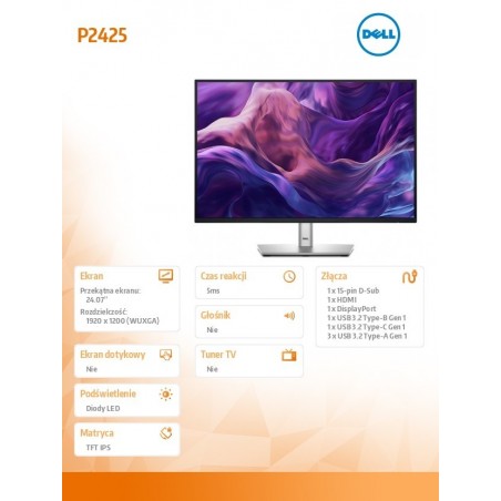 Monitor 24.07 cala P2425 IPS 16:10 WUXGA/HDMI/USBC/DP/VGA/USB/5Y Monitor 24.07 cala P2425 IPS 16:10 WUXGA/HDMI/USBC/DP/VGA/USB/5Y