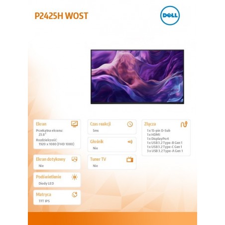 Monitor 23.8 cala P2425H WOST IPS 1920x1080/16:9/DP/HDMI/USBC/VGA/USB/3Y Monitor 23.8 cala P2425H WOST IPS 1920x1080/16:9/DP/HDMI/USBC/VGA/USB/3Y