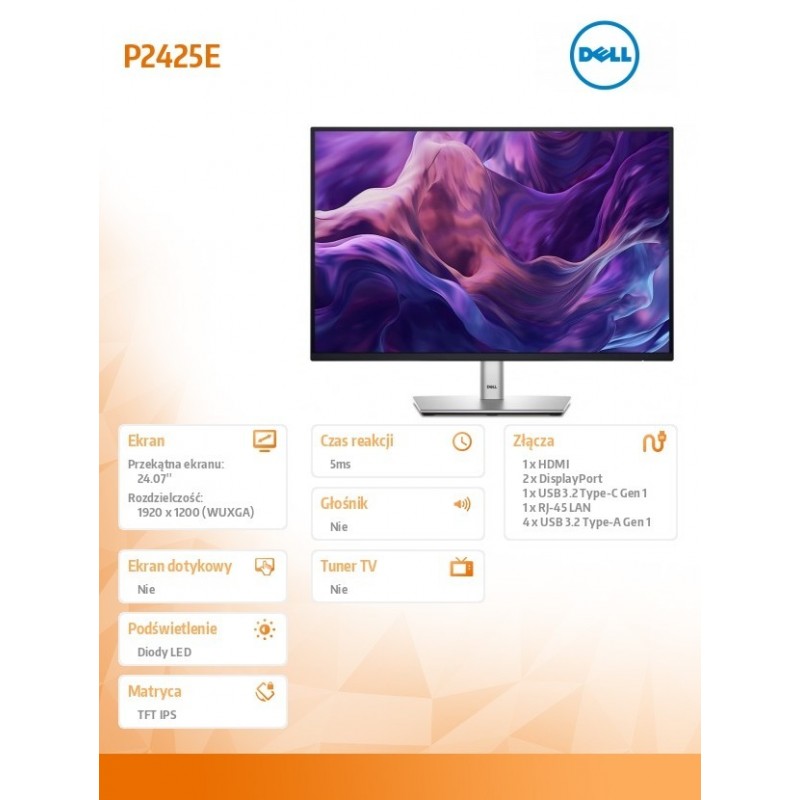 Monitor 24.07 cala P2425E 16:10 WUXGA/HDMI/USBC/DP/RJ45/USB/5Y Monitor 24.07 cala P2425E 16:10 WUXGA/HDMI/USBC/DP/RJ45/USB/5Y