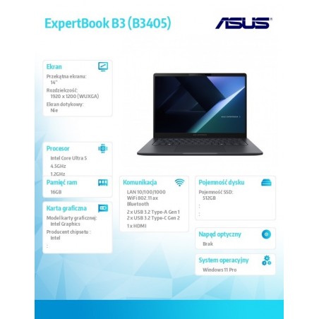 Notebook ExpertBook B3 B3405CCA-LY0105X - ultra 5 125H/16GB/512GB/14 WUXGA/Win 11 PRO/3YRS Notebook ExpertBook B3 B3405CCA-LY0105X - ultra 5 125H/16GB/512GB/14 WUXGA/Win 11 PRO/3YRS