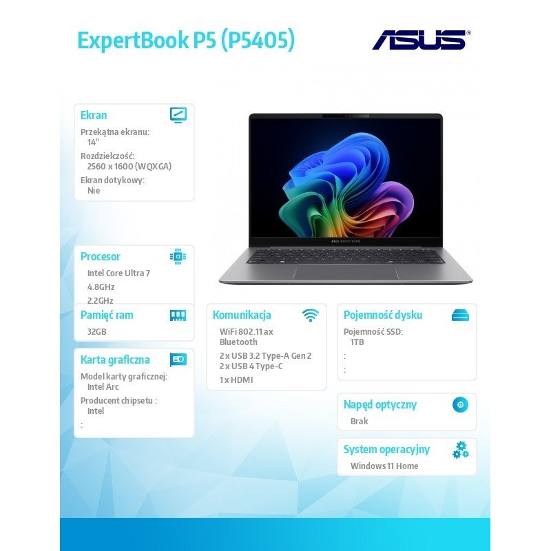 Notebook ExpertBook P5 P5405CSA-NZ0895W Ultra 7 258V/32GB/1TB/14 WQXGA/Win 11Home/3YRS