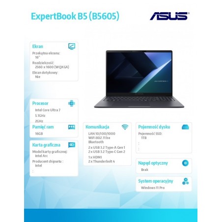Notebook ExpertBook B5 B5605CCA-PL0061X - ultra 7 255H/16GB/1TB/16 WQXGA/Win 11 PRO/3YRS Notebook ExpertBook B5 B5605CCA-PL0061X - ultra 7 255H/16GB/1TB/16 WQXGA/Win 11 PRO/3YRS
