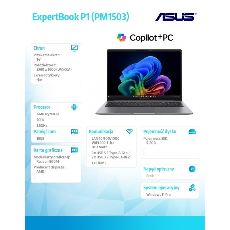 Notebook ExpertBook P3 PM3406CKA-NZ0142X -Ryzen Al 7 350/Radeon 860M/16GB/1TB/14 WQXGA/Win 11PRO/3YRS