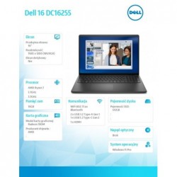Laptop Dell 16 DC16255 W11P Ryzen 7 250|16GB|512GB|AMD Radeon|FgrPr|WLAN+BT|16.0 FHD+|Backlit Kb|3C|65W|3YPS Carbon Black (Plast