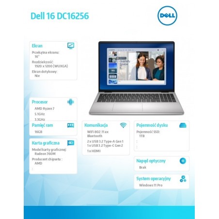 Laptop Dell 16 DC16256 W11P R7-250|16GB|1TB|AMD Radeon|FgrPr|WLAN+BT|16.0 FHD+|Backlit Kb|4C|65W|3YPS Platinum Silver (Metal) 