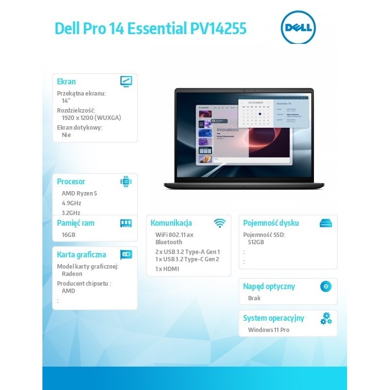 Laptop Dell Pro 14 Essential PV14255 W11P Ryzen 5 220|16GB|512GB|AMD Radeon|FgrPr|WLAN+BT|14.0 FHD+|BcklKb|3C|65W|3YPS Carbon Bl