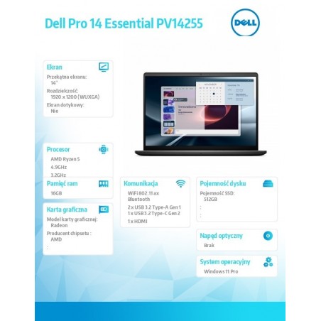 Laptop Dell Pro 14 Essential PV14255 W11P Ryzen 5 220|16GB|512GB|AMD Radeon|FgrPr|WLAN+BT|14.0 FHD+|BcklKb|3C|65W|3YPS Carbon Bl