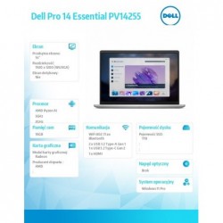 Laptop Dell Pro 14 Essential PV14255 W11P Ryzen AI 7 350|16GB|1TB|AMD Radeon|FgrPr|WLAN+BT|14.0 FHD+|BcklKb|4C|65W|3YPS Platinum