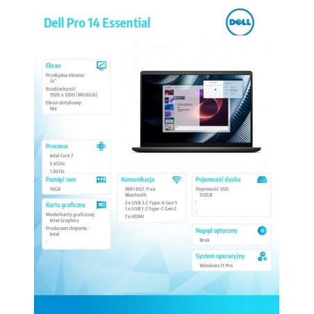 Laptop Dell Pro 14 Essential PV14250 W11P C7-150U|16GB|512GB|Intel Graph|FgrPr|WLAN+BT|14.0 FHD+|BcklKb|4C|65W|3YPS Carbon Black