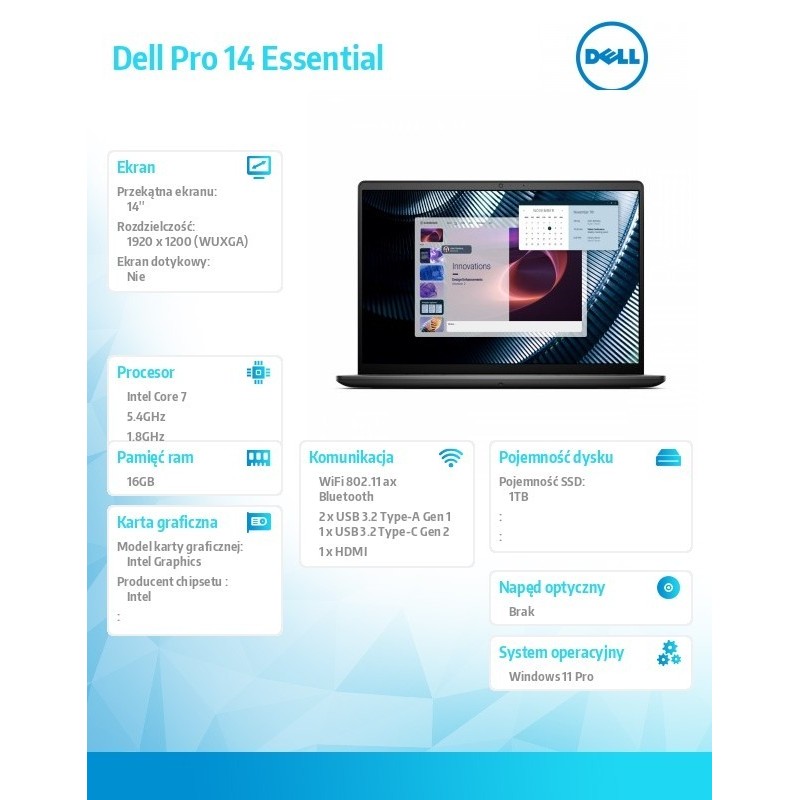 Laptop Dell Pro 14 Essential PV14250 W11P C7-150U|16GB|1TB|Intel Graph|FgrPr|WLAN+BT|14.0 FHD+|BcklKb|4C|65W|3YPS Carbon Black (