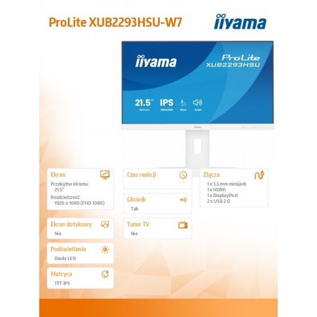 Monitor 22 cale XUB2293HSU-W7 IPS, 100Hz, Pivot, HAS(150mm), 300cd,   BIAŁY  Monitor 22 cale XUB2293HSU-W7 IPS, 100Hz, Pivot, HAS(150mm), 300cd,   BIAŁY