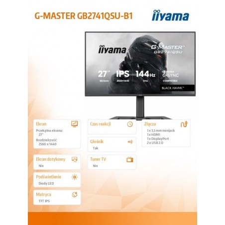 Monitor 27 cali GB2741QSU-B1 IPS,QHD,144Hz,1ms,2xUSB,                Adaptive G-SYNC,HDMI,DP,350cd, HAS (150) PIVOT  Monitor 27 cali GB2741QSU-B1 IPS,QHD,144Hz,1ms,2xUSB,                Adaptive G-SYNC,HDMI,DP,350cd, HAS (150) PIVOT