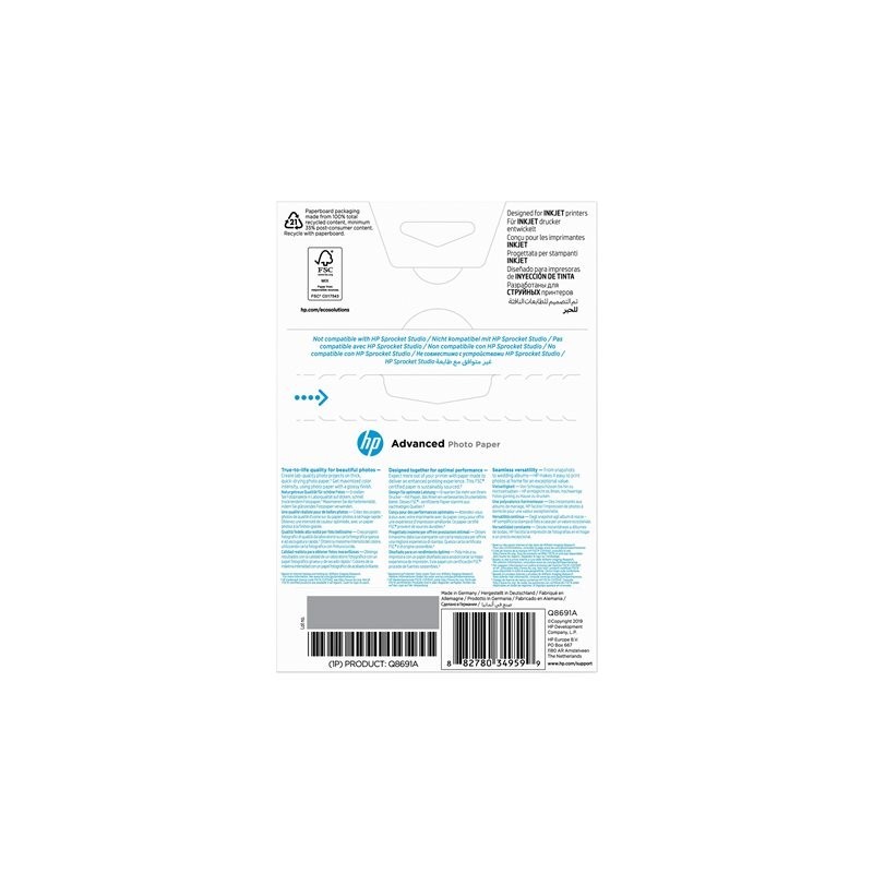 HP Q8691A Advanced glossy photo paper inkjet 250g/m2 100x150mm 25 sheets 1-pack borderless HP Q8691A Advanced glossy photo paper inkjet 250g/m2 100x150mm 25 sheets 1-pack borderless