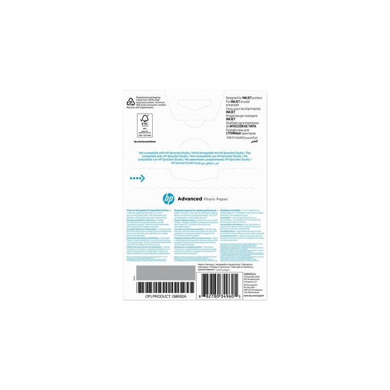 HP Q8692A Papier HP Advanced Glossy Photo 250g 10x15cm borderless 100ark HP Q8692A Papier HP Advanced Glossy Photo 250g 10x15cm borderless 100ark