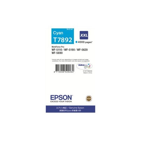 EPSON C13T789240 Tusz Epson cyan T7892 34 ml WF-5110DW/WF-5190DW/WF-5620DWF/WF-5690DWF EPSON C13T789240 Tusz Epson cyan T7892 34 ml WF-5110DW/WF-5190DW/WF-5620DWF/WF-5690DWF