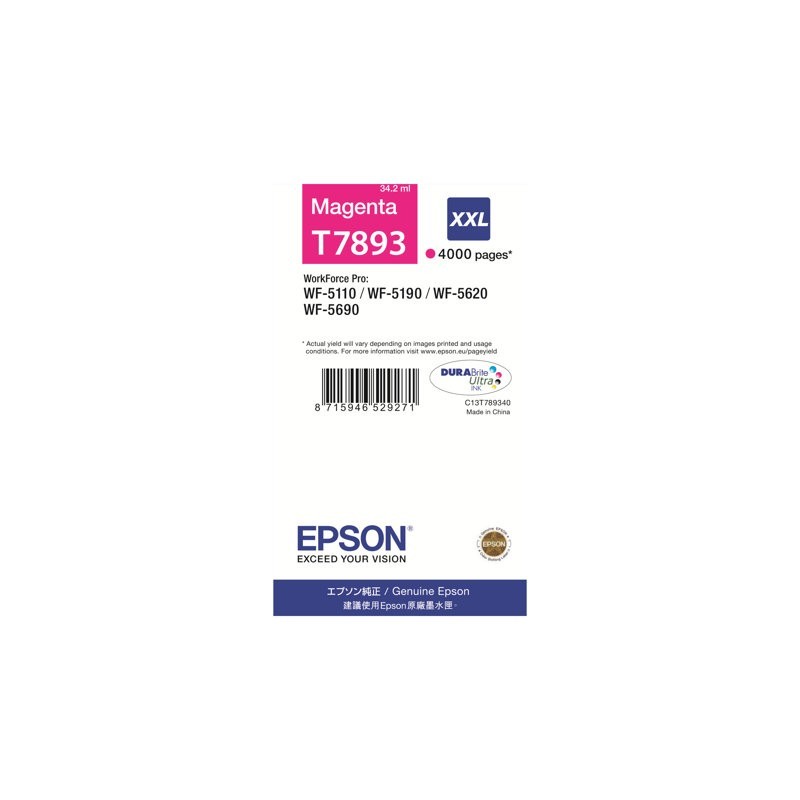 EPSON C13T789340 Tusz Epson magenta T7893 34 ml WF-5110DW/WF-5190DW/WF-5620DWF/WF-5690DWF EPSON C13T789340 Tusz Epson magenta T7893 34 ml WF-5110DW/WF-5190DW/WF-5620DWF/WF-5690DWF