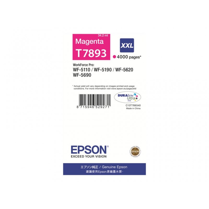 EPSON C13T789340 Tusz Epson magenta T7893 34 ml WF-5110DW/WF-5190DW/WF-5620DWF/WF-5690DWF EPSON C13T789340 Tusz Epson magenta T7893 34 ml WF-5110DW/WF-5190DW/WF-5620DWF/WF-5690DWF