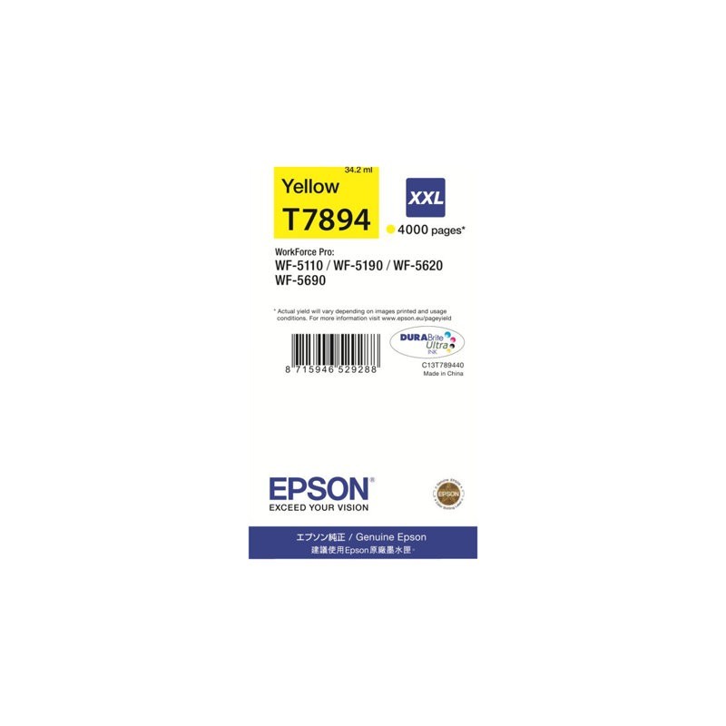 EPSON C13T789440 Tusz Epson yellow T7894 34 ml WF-5110DW/WF-5190DW/WF-5620DWF/WF-5690DWF EPSON C13T789440 Tusz Epson yellow T7894 34 ml WF-5110DW/WF-5190DW/WF-5620DWF/WF-5690DWF