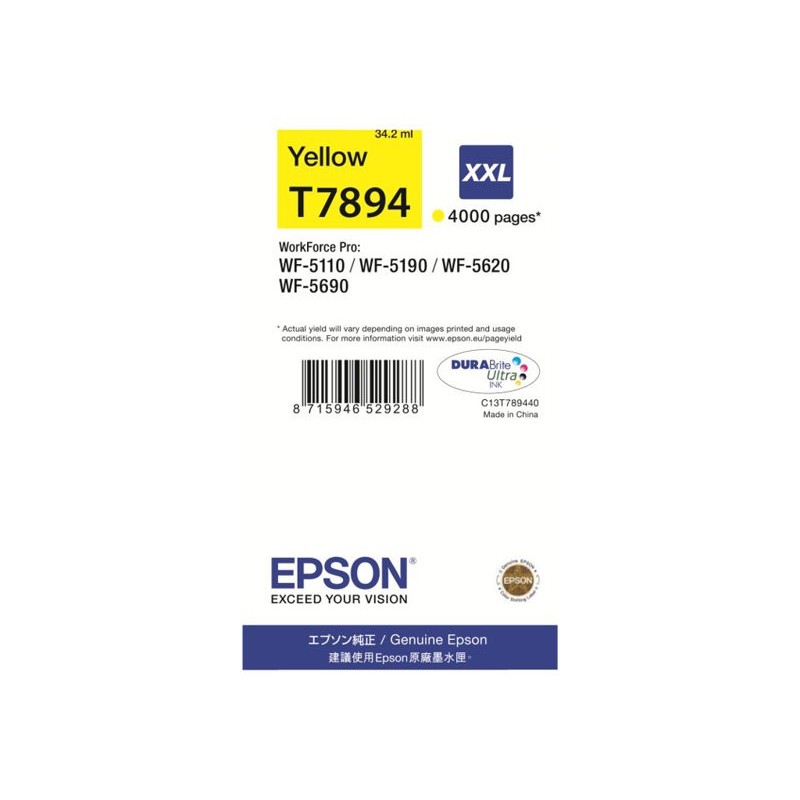 EPSON C13T789440 Tusz Epson yellow T7894 34 ml WF-5110DW/WF-5190DW/WF-5620DWF/WF-5690DWF EPSON C13T789440 Tusz Epson yellow T7894 34 ml WF-5110DW/WF-5190DW/WF-5620DWF/WF-5690DWF