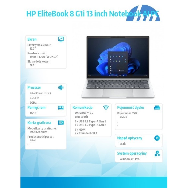 Notebook EliteBook 8 G1i U7-255U 512GB/16GB/W11P/13.3 C51LBET Notebook EliteBook 8 G1i U7-255U 512GB/16GB/W11P/13.3 C51LBET