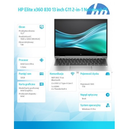 Notebook Elite x360 830 G11 U7-155U 1TB/32GB/W11P/13.0 9G1B4ET Notebook Elite x360 830 G11 U7-155U 1TB/32GB/W11P/13.0 9G1B4ET