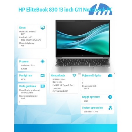Notebook EliteBook 830 G11 U7-165U 512GB/16GB/W11P/13,3 A36WMET Notebook EliteBook 830 G11 U7-165U 512GB/16GB/W11P/13,3 A36WMET