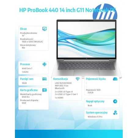 Notebook ProBook 440 G11 U7-155H 512GB/16GB/W11P/14 cali A38DLET Notebook ProBook 440 G11 U7-155H 512GB/16GB/W11P/14 cali A38DLET