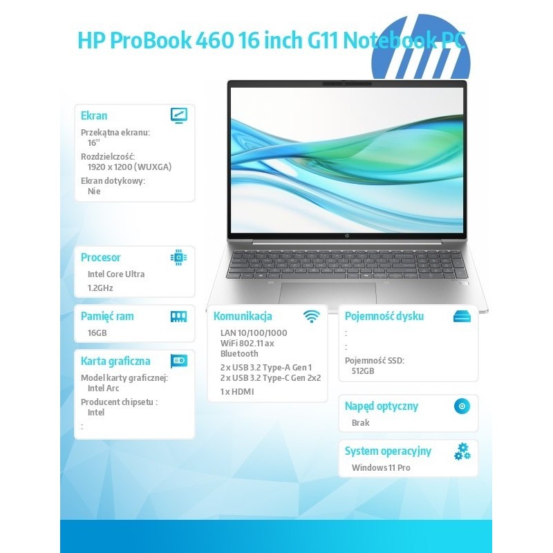 Notebook ProBook 460 G11 U5-125H 512GB/16GB/W11P/16 cali A38DNET Notebook ProBook 460 G11 U5-125H 512GB/16GB/W11P/16 cali A38DNET
