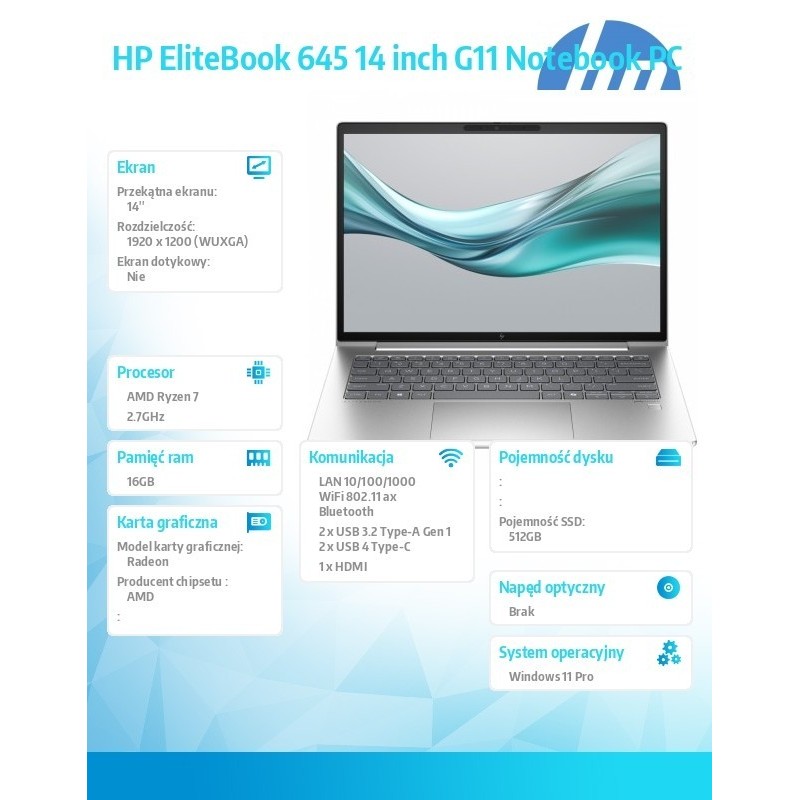 Notebook EliteBook 645 G11 Ryzen 7 PRO 7735U 512GB/16GB/W11Pro/14.0 A38D8ET Notebook EliteBook 645 G11 Ryzen 7 PRO 7735U 512GB/16GB/W11Pro/14.0 A38D8ET