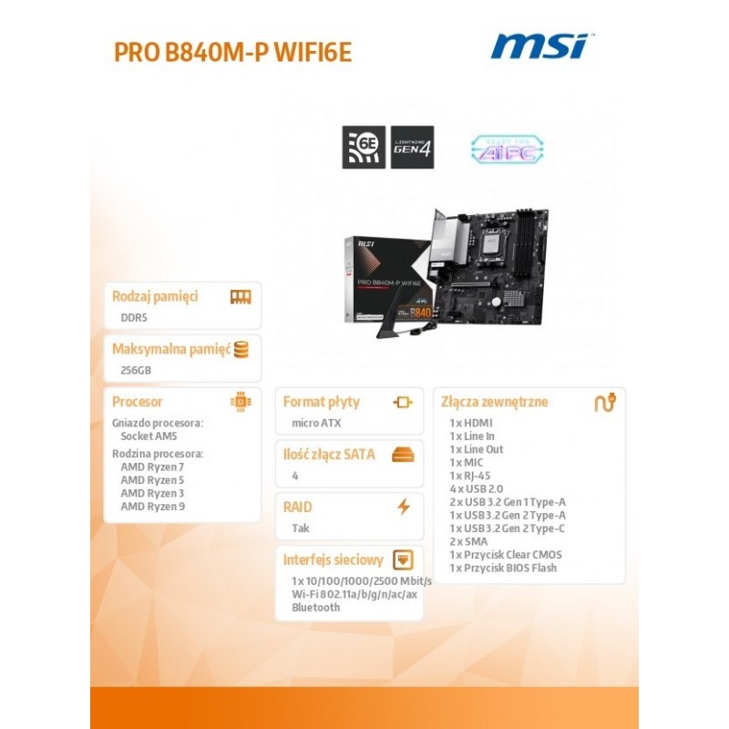 Płyta główna PRO B840M-P WIFI6E AM5 4DDR5 ATX