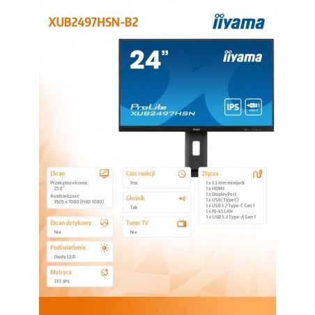 Monitor 24 cale XUB2497HSN-B2 IPS, USB-C Dock, HDMI, DP, 300cd, Pivot, HAS Monitor 24 cale XUB2497HSN-B2 IPS, USB-C Dock, HDMI, DP, 300cd, Pivot, HAS