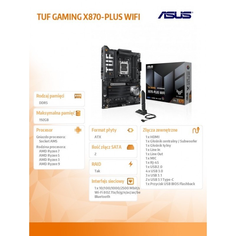 Płyta główna TUF GAMING X870-PLUS WIFI AM5 4DDR5 HDMI/USB-C Płyta główna TUF GAMING X870-PLUS WIFI AM5 4DDR5 HDMI/USB-C