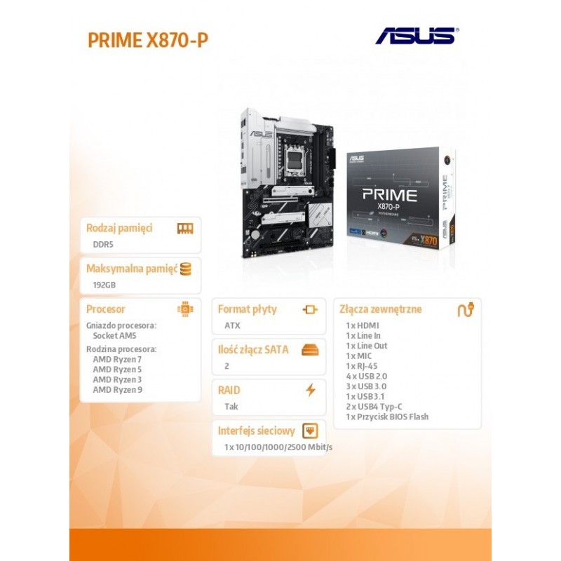 Płyta główna PRIME X870-P AM5 4DDR5 HDMI/USB-C ATX Płyta główna PRIME X870-P AM5 4DDR5 HDMI/USB-C ATX