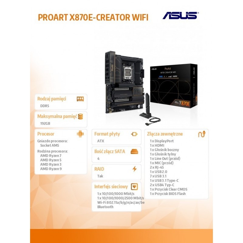 Płyta główna PROART X870E-CREATOR WI FI AM5 4DDR5 HDMI/USB-C Płyta główna PROART X870E-CREATOR WI FI AM5 4DDR5 HDMI/USB-C