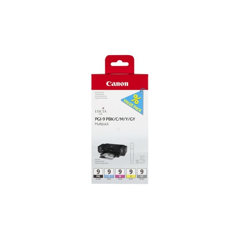 CANON 1LB PGI-9 PBK C M Y GY ink cartridge black and four colour standard capacity combopack blister with alarm CANON 1LB PGI-9 PBK C M Y GY ink cartridge black and four colour standard capacity combopack blister with alarm