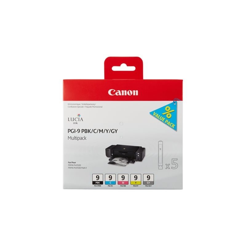 CANON 1LB PGI-9 PBK C M Y GY ink cartridge black and four colour standard capacity combopack blister with alarm CANON 1LB PGI-9 PBK C M Y GY ink cartridge black and four colour standard capacity combopack blister with alarm