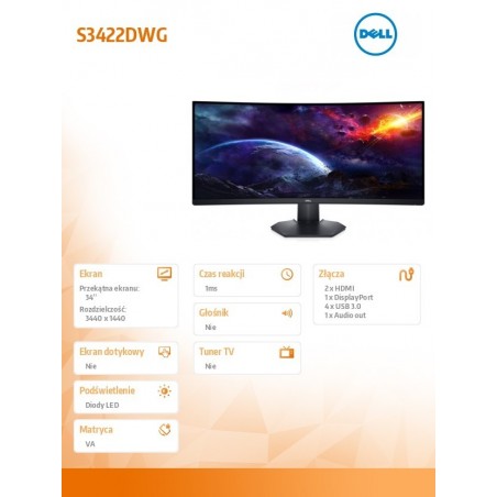Monitor S3422DWG 34 cale VA LED 21:9/3440x1440/HDMI/DP/3Y Monitor S3422DWG 34 cale VA LED 21:9/3440x1440/HDMI/DP/3Y