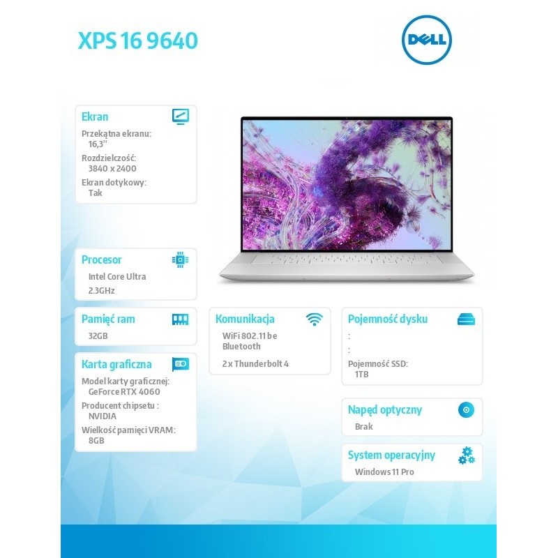 Notebook XPS 16 9640 Win11Pro Ultra 9 185H/32GB/1TB SSD/16.3 OLED UHD+ Touch/GeForce RTX 4060/WLAN + BT/Backlit Kb/6 Cell/3Y Bas