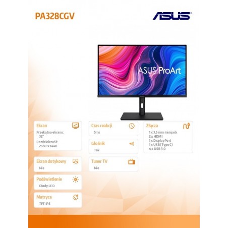Monitor 32 cale PA328CGV PROART IPS WQHD 165Hz 100% sRGB HDR600 100MLN:1 600cd/m2 HDMI DP USB USB-C Głośnik PIVOT Monitor 32 cale PA328CGV PROART IPS WQHD 165Hz 100% sRGB HDR600 100MLN:1 600cd/m2 HDMI DP USB USB-C Głośnik PIVOT