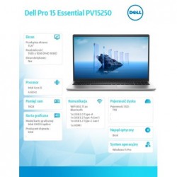 Laptop Dell Pro 15 Essential PV15250 W11P i5-1334U|16GB|1TB|IntelUHD|FgrPr|WLAN+BT|15.6 FHD|BcklKb|3C|65W|3YPS Platinum Silver (