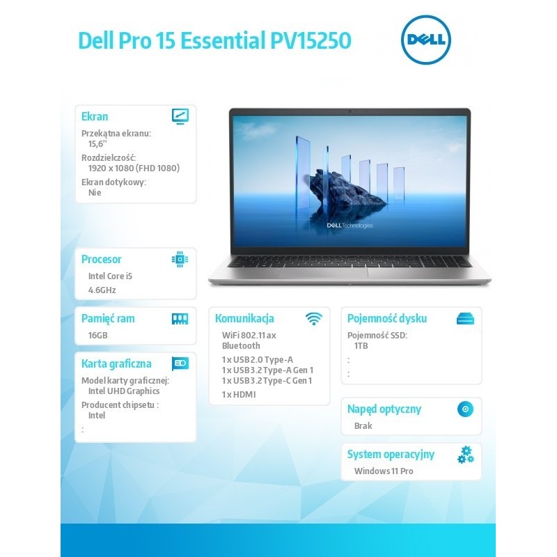 Laptop Dell Pro 15 Essential PV15250 W11P i5-1334U|16GB|1TB|IntelUHD|FgrPr|WLAN+BT|15.6 FHD|BcklKb|3C|65W|3YPS Platinum Silver (