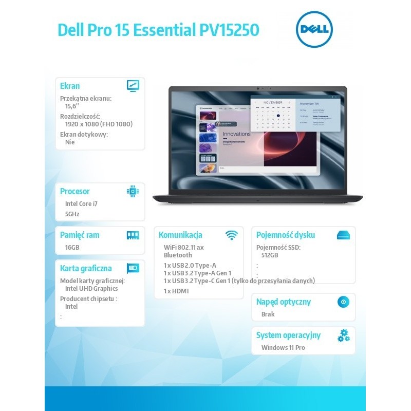 Laptop Dell Pro 15 Essential PV15250 W11P i7-1355U|16GB|512GB|Intel UHD|FgrPr|WLAN+BT|15.6 FHD|BcklKb|4C|65W|3YPS Carbon Black (