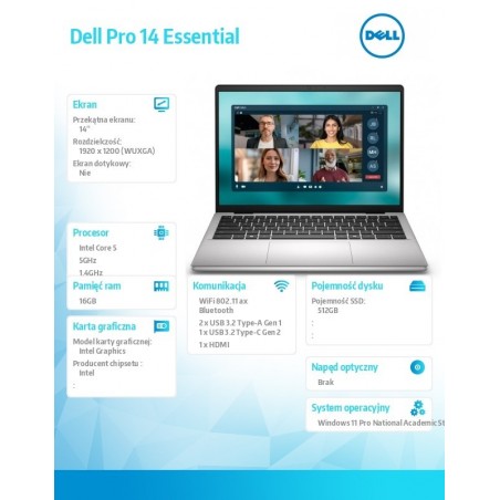 Laptop Dell Pro 14 Essential PV14250 W11P EDU C5 120U/16GB/512GB/Intel Graph/FgrPr/WLAN+BT/14.0/BcklKb/4C/65W/5YRS Alu Platinum Laptop Dell Pro 14 Essential PV14250 W11P EDU C5 120U/16GB/512GB/Intel Graph/FgrPr/WLAN+BT/14.0/BcklKb/4C/65W/5YRS Alu Platinum