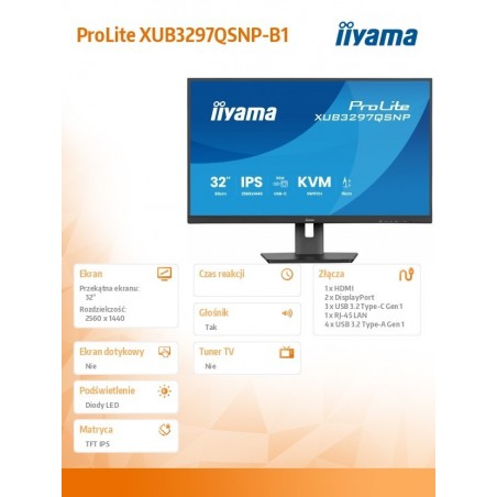 Monitor 32 cale XUB3297QSNP-B1 IPS,QHD,USB-C DOCK (95W), USB HUB 4x, KVM,  RJ45, GW 5 LAT 