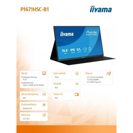 Monitor 15.6 cala P1671HSC-B1 IPS,FHD,miniHDMI,2xUSBC,250cd,8ms,2x1W, 0,7kg Monitor 15.6 cala P1671HSC-B1 IPS,FHD,miniHDMI,2xUSBC,250cd,8ms,2x1W, 0,7kg