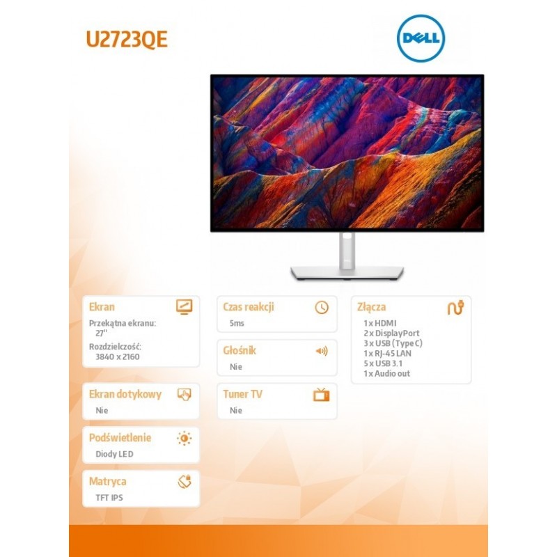 Monitor U2723QE 27 cali IPS LED 4K (3840x2160) /16:9/HDMI/2xDP/3xUSB-C/4xUSB 3.2/RJ-45/3Y AES&PPG  