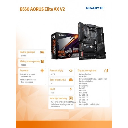 Płyta główna B550 AORUS ELITE AX V2 AM4 4DDR4 HDMI/DP M.2 ATX Płyta główna B550 AORUS ELITE AX V2 AM4 4DDR4 HDMI/DP M.2 ATX