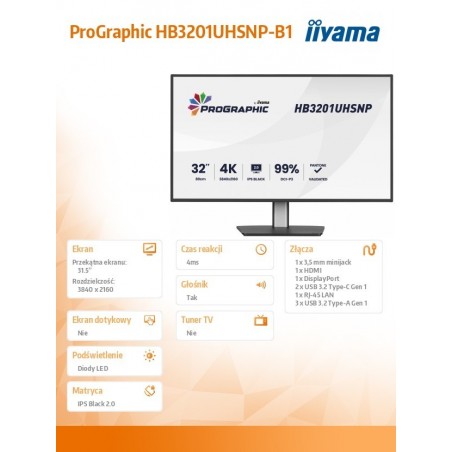 Monitor 31.5 cala ProGraphic HB3201UHSNP-B1 4K,IPS BLACK 2.0,450cd,VESA USB-c dock(PD:96W),HDMI,DP,DAISY/CHAIN,4xUSB,RJ45,3000:1