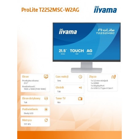 Monitor 22 cale T2252MSC-W2AG 10 PKT. POJ,IPS,HDMI,DP,2x1W,7H,2xUSB,  AG-(Anti Glare) 