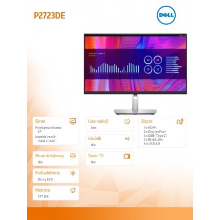 Monitor P2723DE 27 cali IPS LED QHD (2560x1440)/16:9/HDMI/DP/USB-C/4xUSB 3.2/RJ45/3Y AES&PPG Monitor P2723DE 27 cali IPS LED QHD (2560x1440)/16:9/HDMI/DP/USB-C/4xUSB 3.2/RJ45/3Y AES&PPG